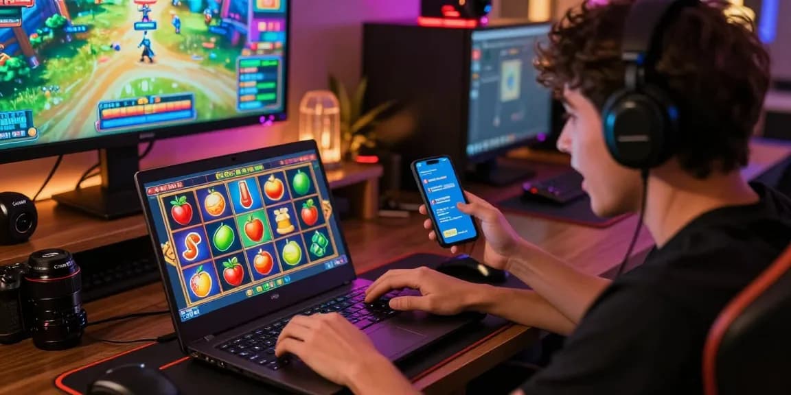 tempototo player enjoying colorful slot games in cozy gaming setup