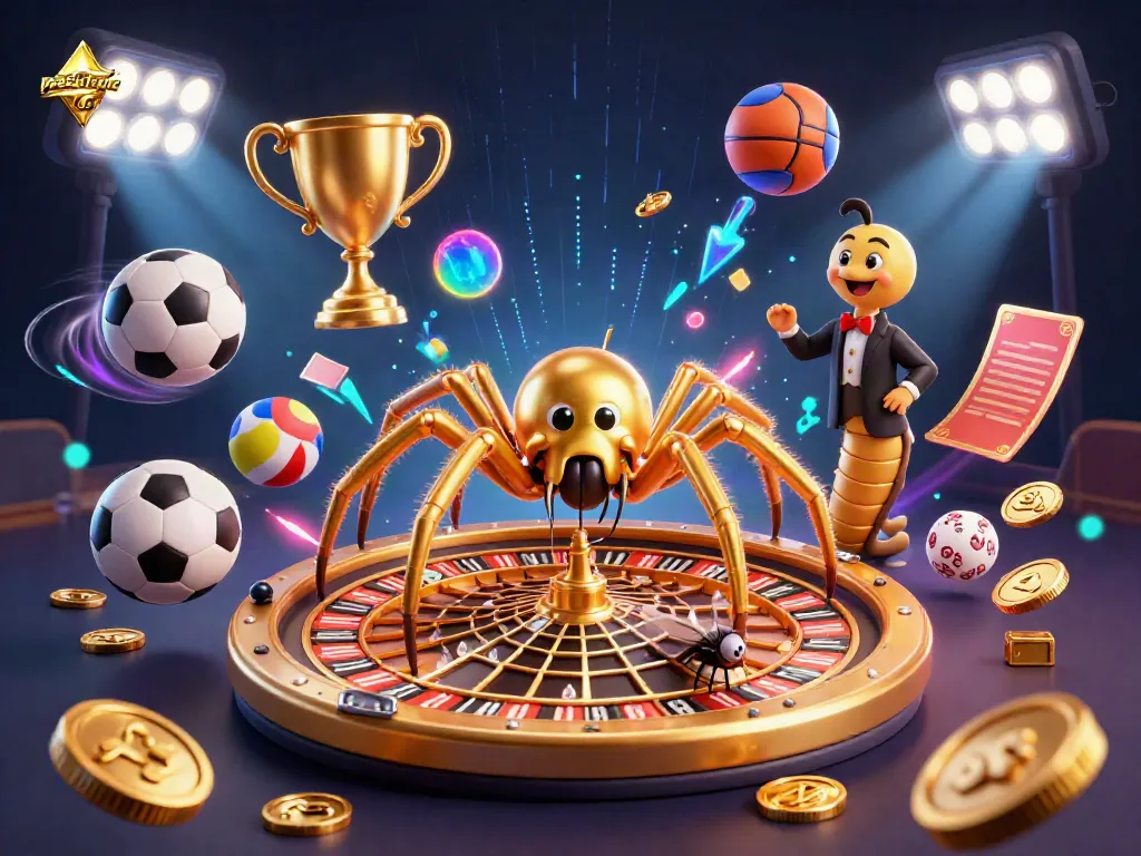 Bet on the presiden cc roulette wheel, where a golden spider spins luck with dynamic sports elements.