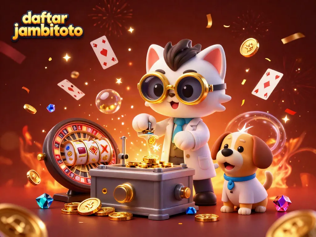Play exciting games at daftar jambitoto with this vibrant casino illustration featuring a cat scientist.