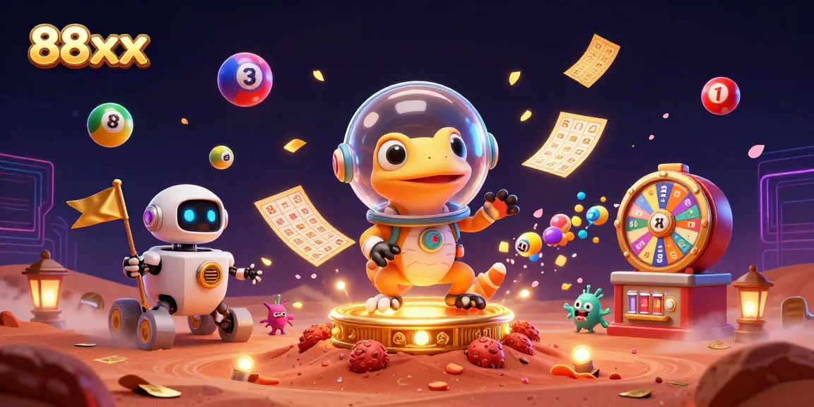 Engage with 88xx as a Martian gecko uncovers a golden casino, filled with lottery excitement and vibrant game elements.