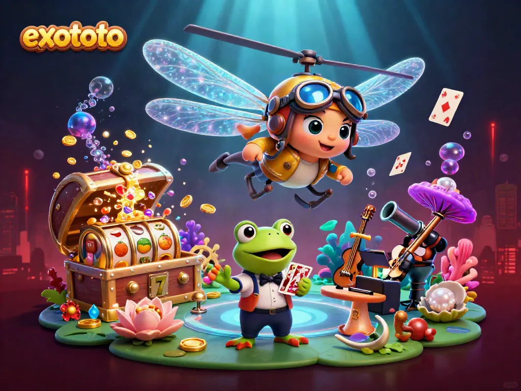 Permainan slot gacor bersama Exototo, karakter kartun lucu di kasino lily pad.