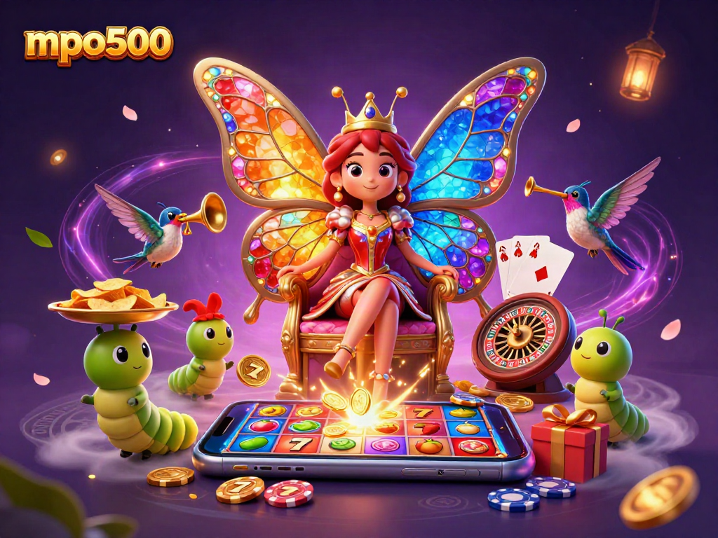 Visualisasi mpo500 yang menampilkan ratu kupu-kupu kartun 3D dan elemen permainan slot berwarna-warni.