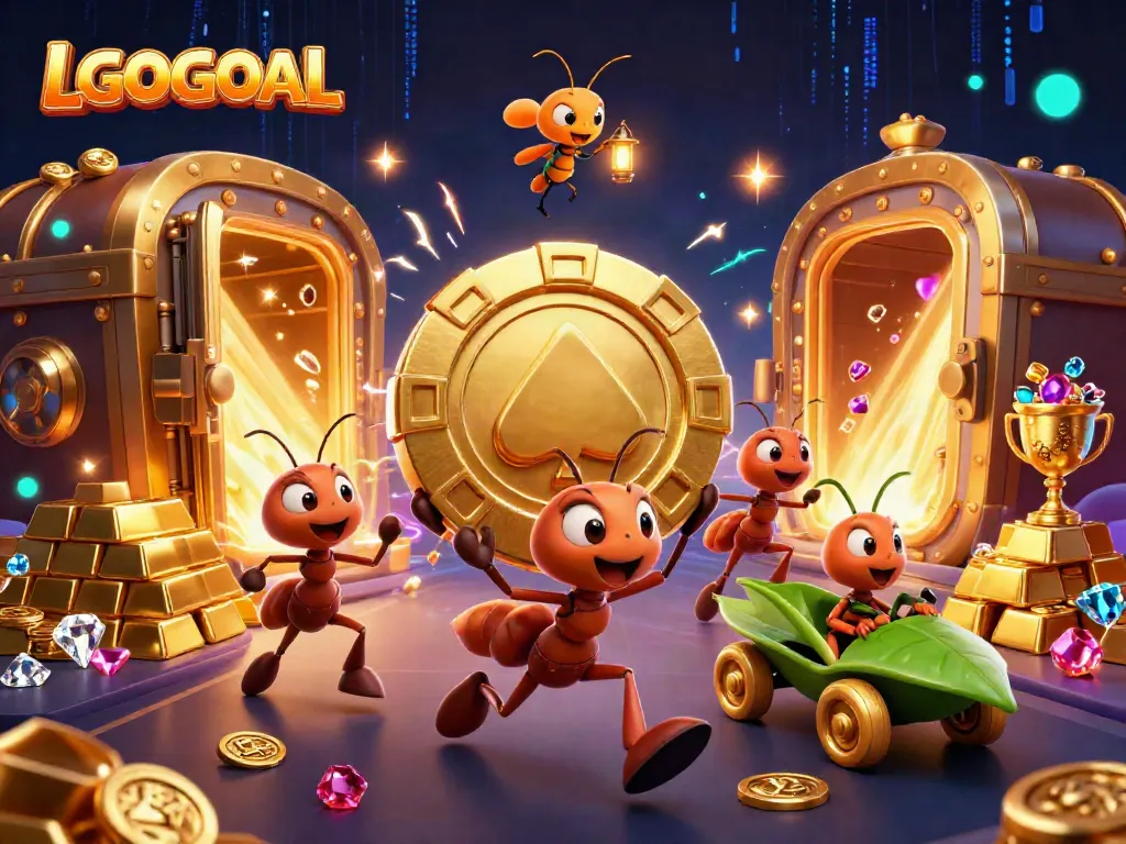 Engage with LGOGOAL's dynamic gaming scene featuring cartoon ants on a heist with lush casino treasures.