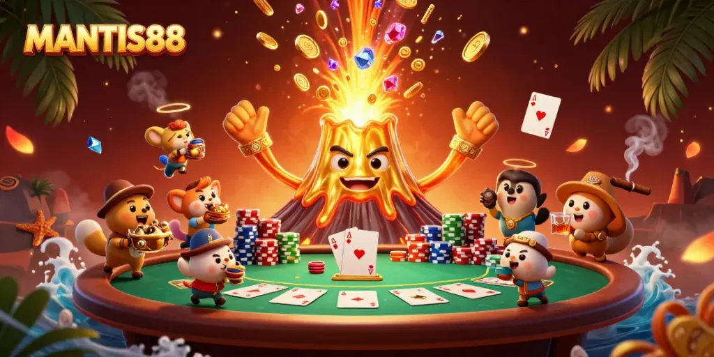 Experience the excitement of MANTIS88 with a vibrant casino scene featuring treasures and games.