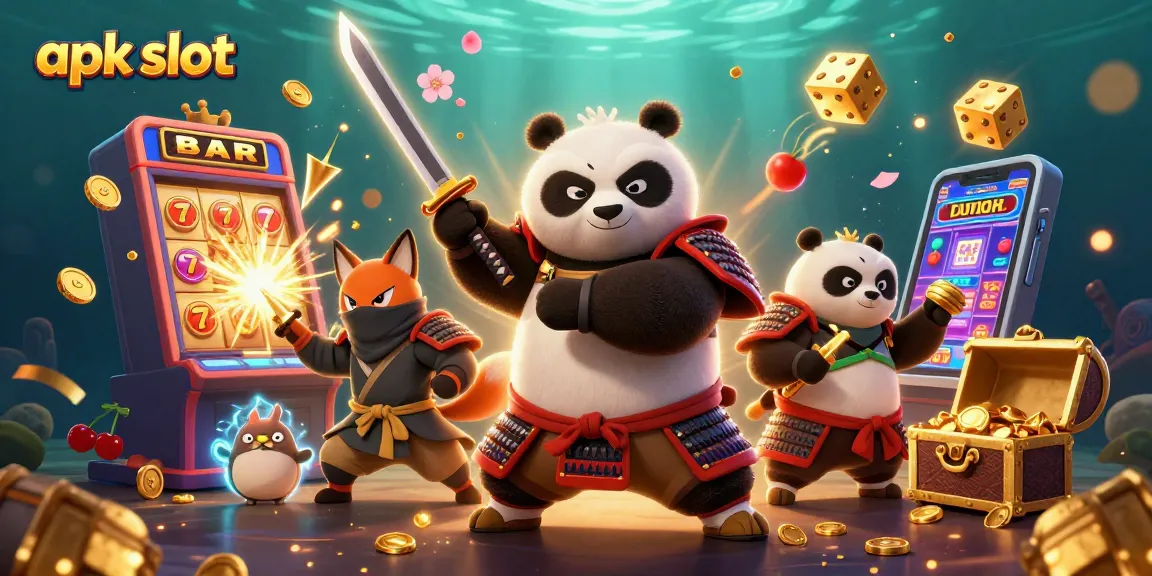 Mengakses apk slot melalui ilustrasi dengan panda samurai dan teman ninja di dunia kasino.
