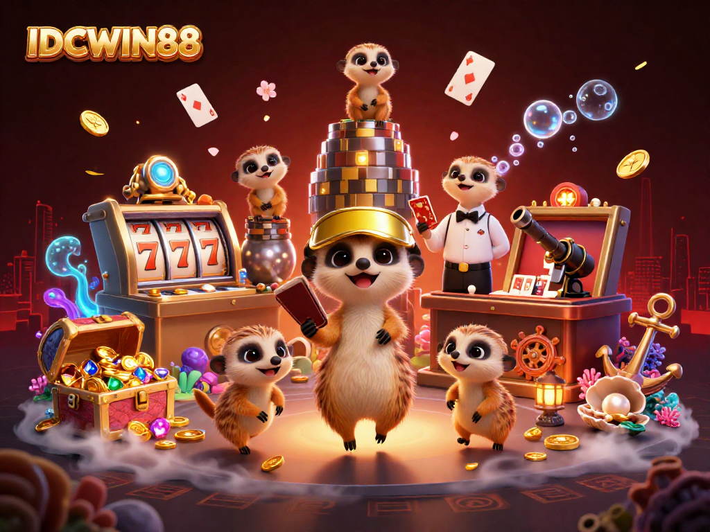 Experience thrilling gameplay at IDCWIN88 with an engaging, vibrant casino scene featuring meerkats.