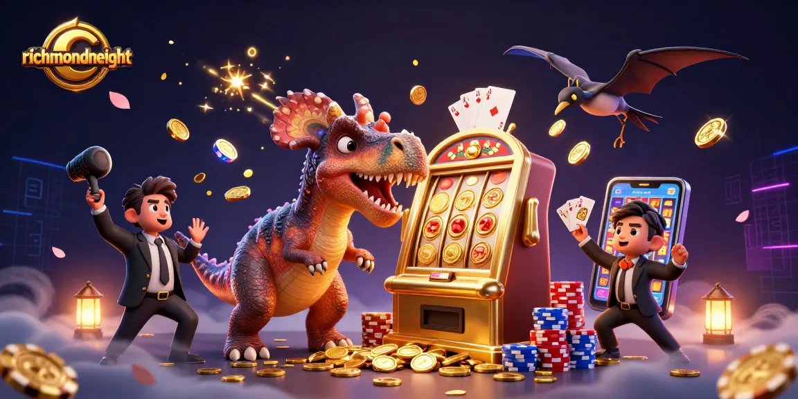 Gambarkan keseruan bermain di richmondheight dengan dinosaurus dan mesin slot jackpot.