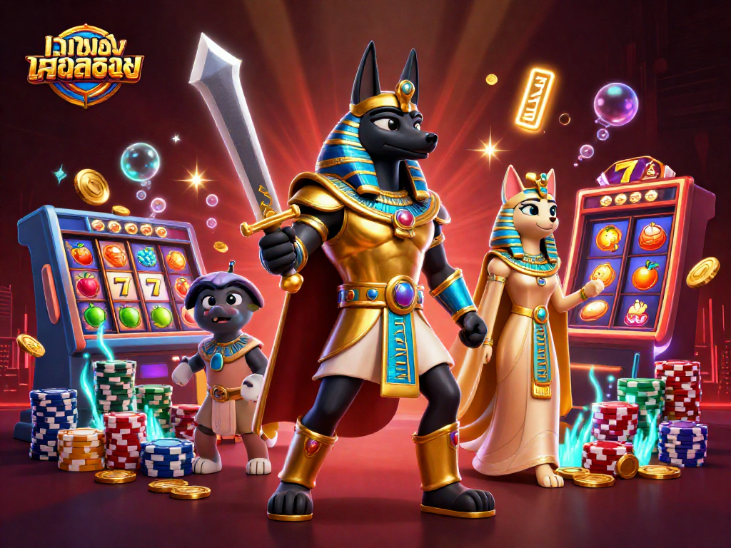 Engaging เว็บสล็อตตรง casino scene with ancient Egyptian characters and vibrant slot elements.