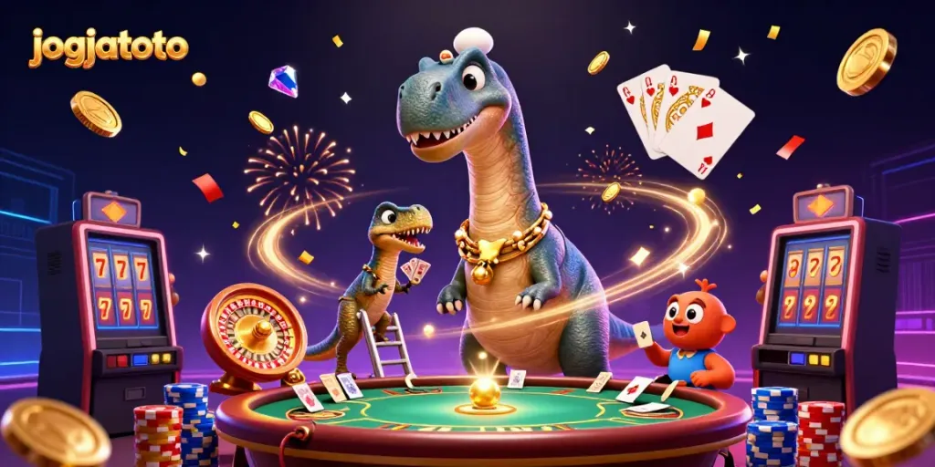 Experience dynamic gaming action with jogjatoto as a dinosaur deals cards amidst confetti and coins.