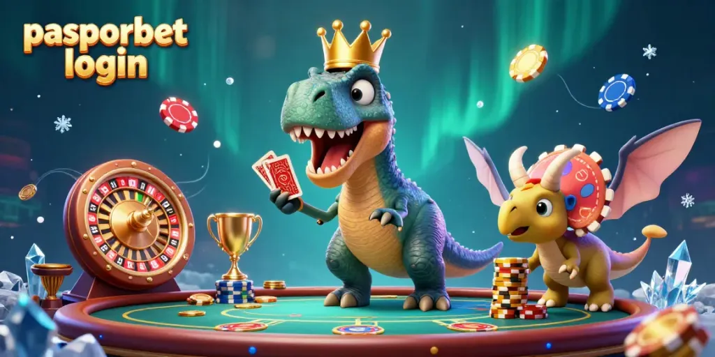 Permainan mengasyikkan di login pasporbet, T-Rex dengan mahkota memegang kartu sambil dinosaur kecil menumpuk chip emas.