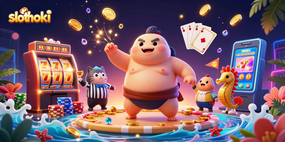 Fitur slothoki dengan mesin slot, koin emas, dan ikan fugu bersaing di dunia kasino.
