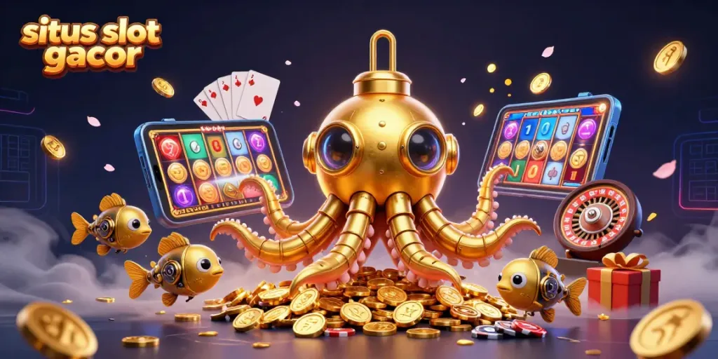 Menangkan permainan di situs slot gacor dengan ilustrasi kraken emas dan smartphone game slot berwarna.
