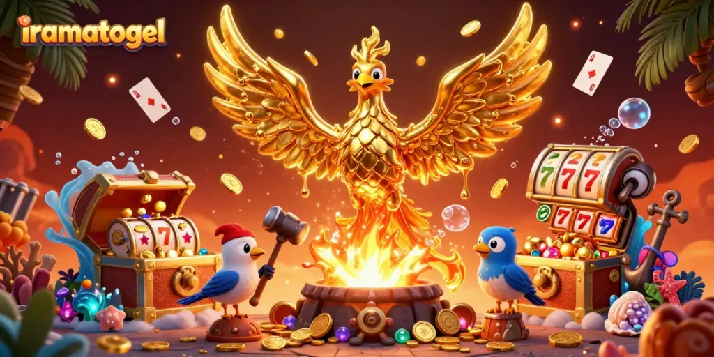 Experience the thrill of iramatogel with a 3D illustration showcasing exciting casino elements and lucky symbols.