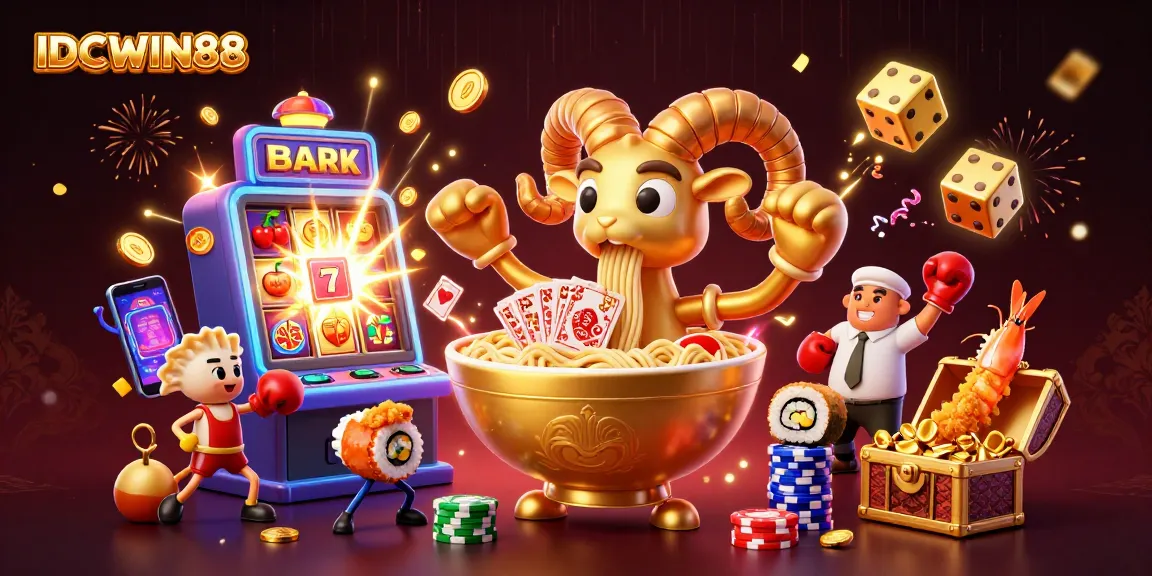 IDCWIN88 showcases a vibrant casino scene with a giant ramen bowl dealer and a jackpot explosion.