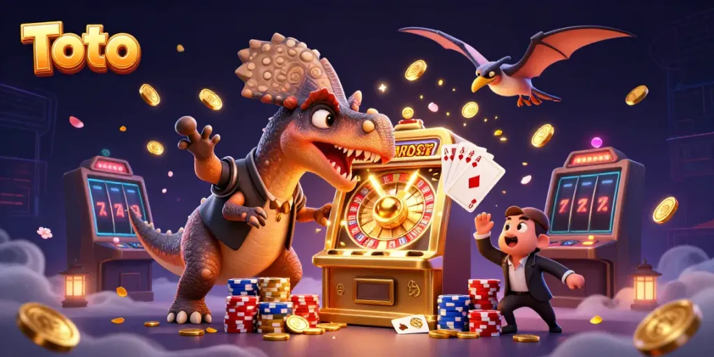 Slot jackpot Toto di kasino dengan dinosaur dan koin emas bertebaran.