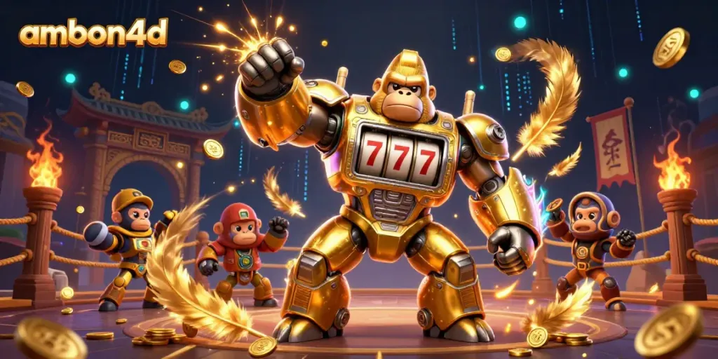 Experience the thrilling gaming action with ambon4d's dynamic casino scene featuring a golden gorilla mech.