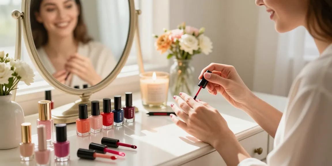 Aplikasi cat kuku LUXURY12 pada suasana elegan di rumah dengan produk kecantikan berkilau.