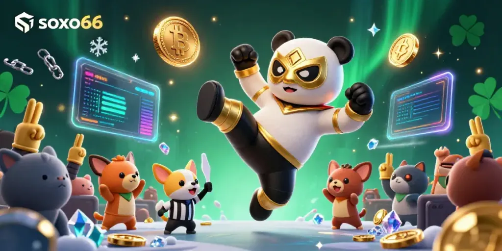 Soxo66 brings high-energy betting fun with a panda wrestler illustration at a casino