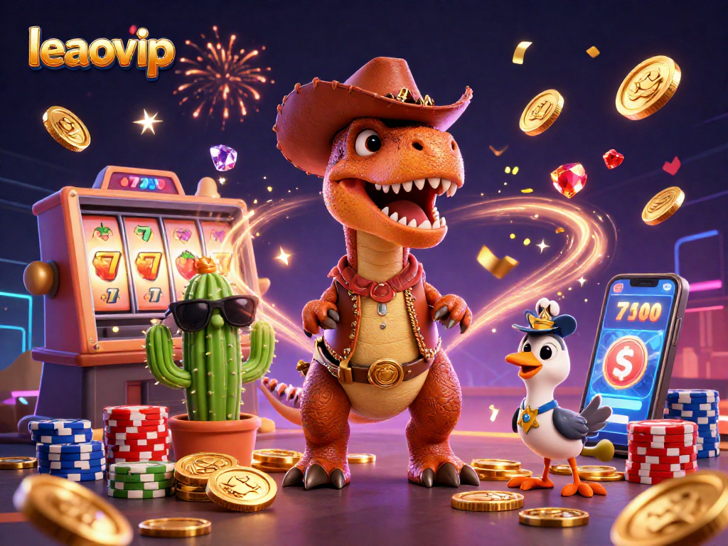 Experience the excitement of leaovip's casino adventures with a T-Rex, cactus, and roadrunner amidst flying coins and slot machines.