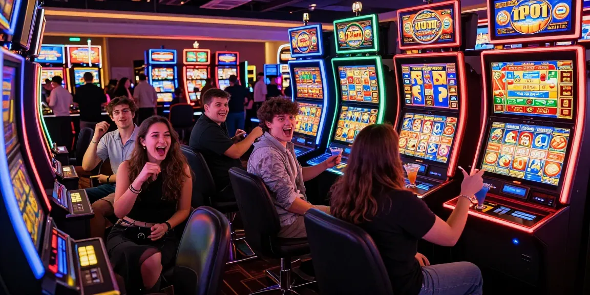 Friends enjoying situs slot games at a vibrant casino, cheering for wins amidst colorful machines.
