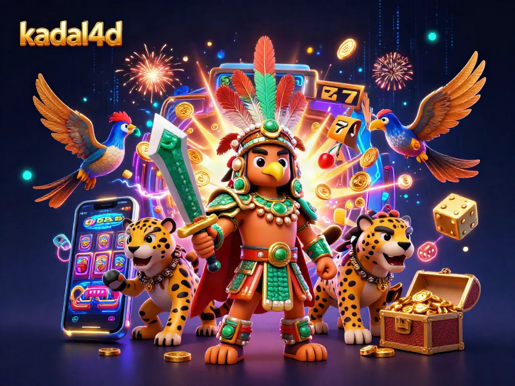 Experience dynamic gaming action with kadal4d, showcasing slot machines, vibrant colors, and lively characters.