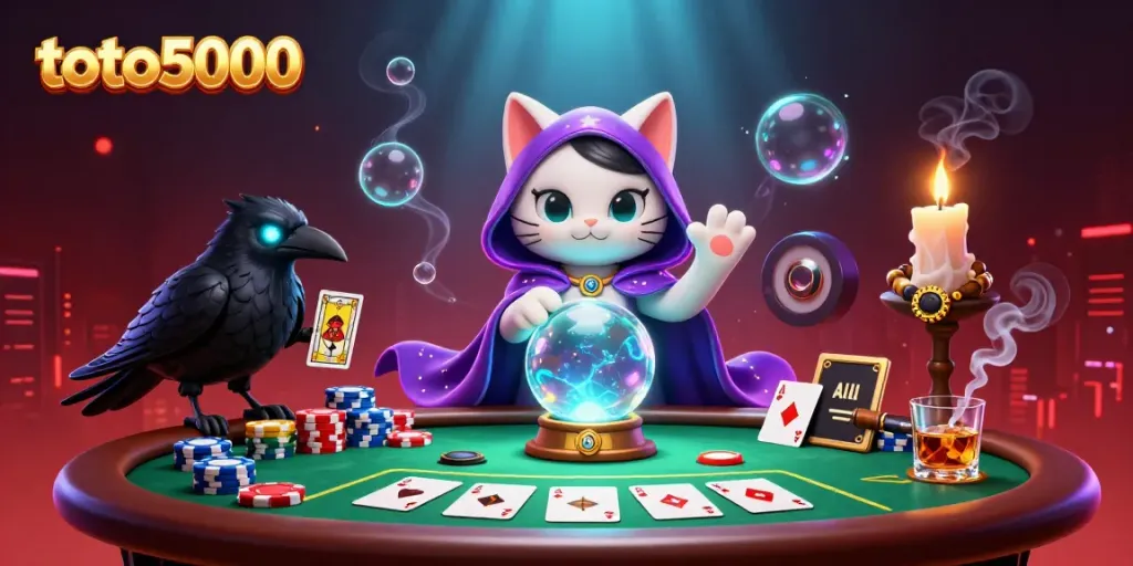 Engage with toto5000's mystical 3D fortune teller scene surrounded by vibrant poker elements.