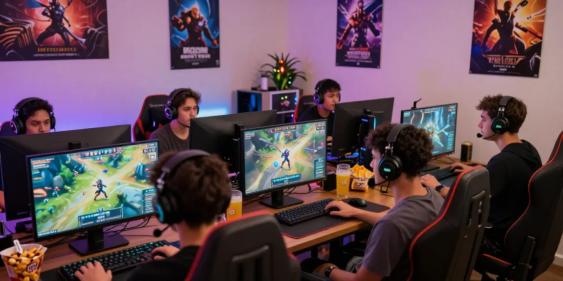 Friends immersed in a dollar4d gaming session with PCs and snacks, showcasing teamwork and excitement.