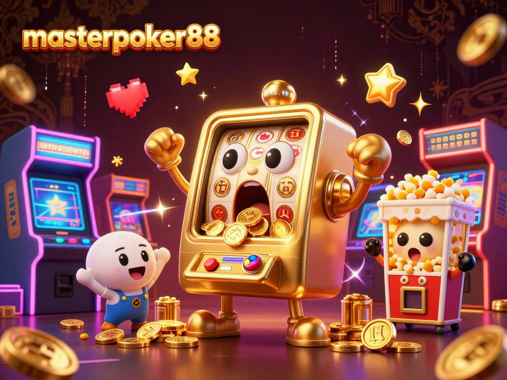 Masterpoker88 memicu jackpot dengan mesin slot berwarna emas dan koin yang berjatuhan.