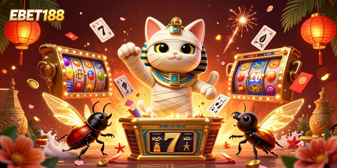 Experience thrilling wins at EBET188 with an illustration of a mummy cat in a casino, celebrating jackpots and excitement.