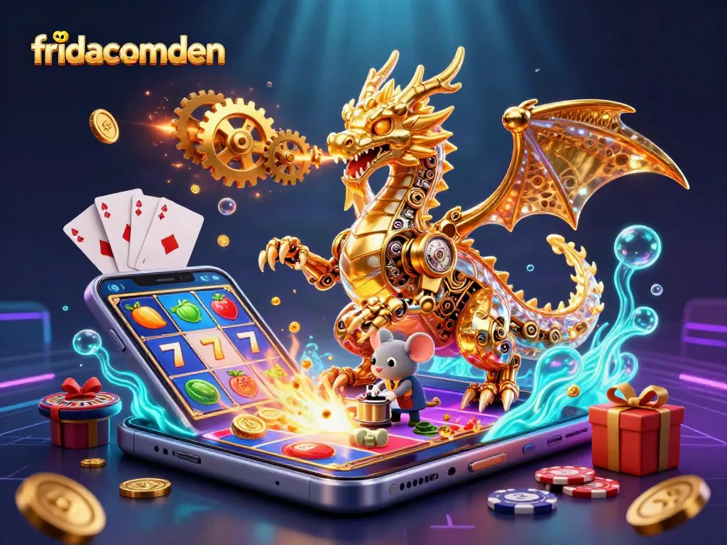 Fridacamden showcases a golden dragon and engineer amid colorful casino elements, celebrating gaming excitement.