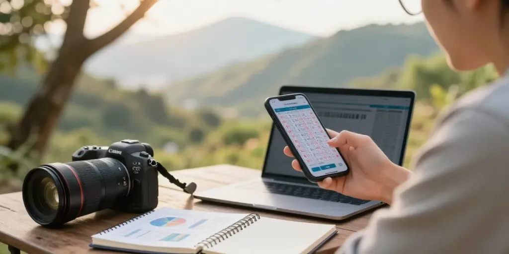 Melihat Data Macau 4D terbaru di smartphone di tengah alam yang tenang