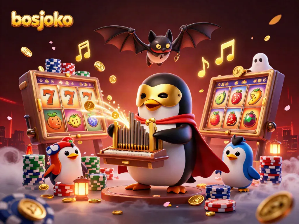 Experience exciting slot action with bosjoko, featuring dynamic elements like a golden organ, animated characters, and colorful casino visuals.