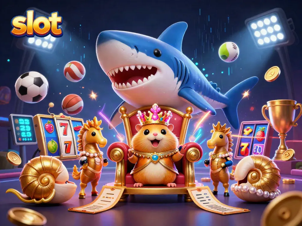 Menggulung slot dengan simbol jackpot dan karakter unik dalam ilustrasi kasino 3D yang kaya detail.