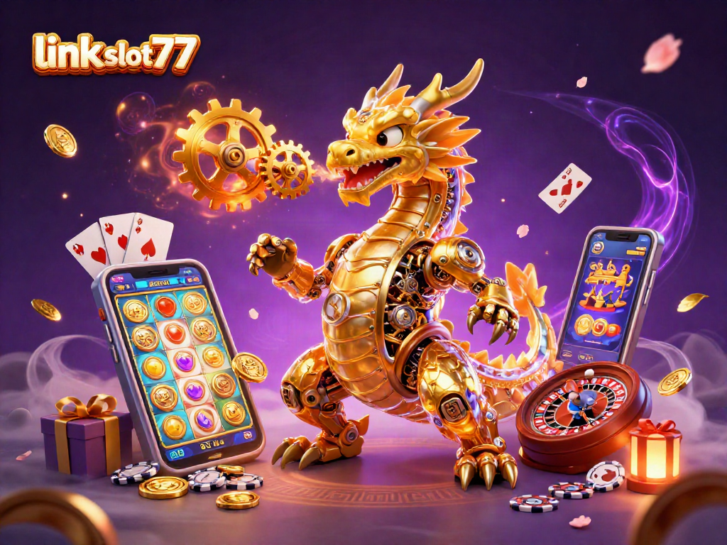 Engage with link slot777 in a vibrant 3D casino scene featuring a dragon and magical games.
