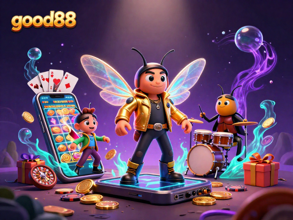 Experience the exhilarating charm of good88 with a vibrant 3D casino scene featuring cartoon characters and colorful casino elements.