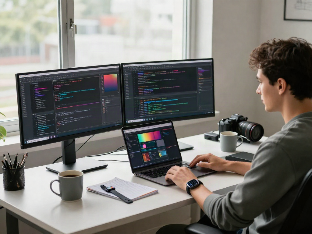 Developer berkonsentrasi pada SGA33 di tempat kerja modern dengan dua monitor dan laptop.