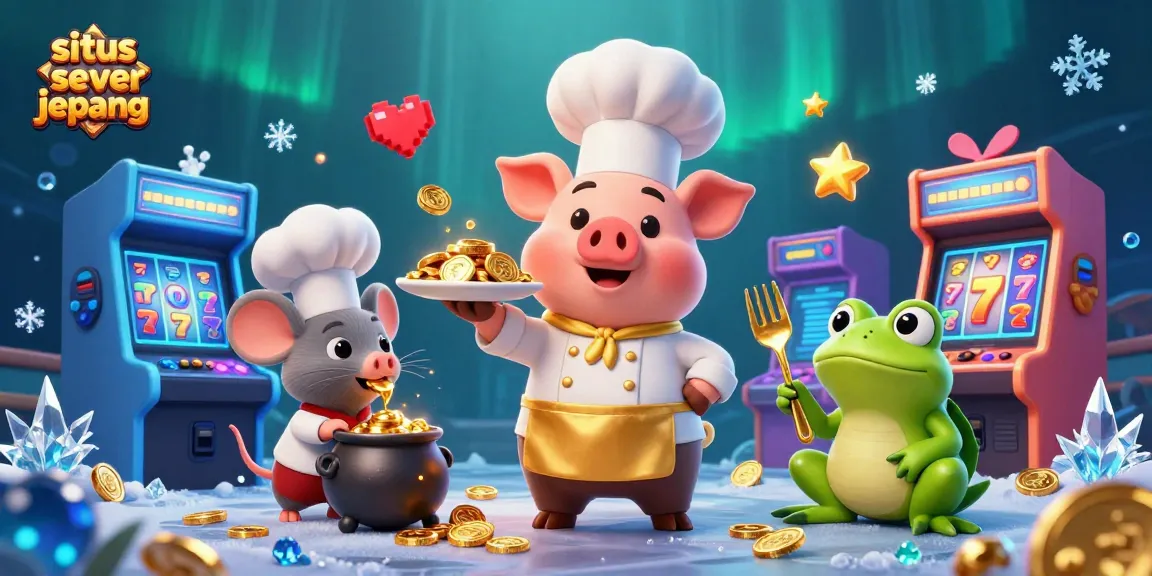 Play exciting games on situs slot server jepang, featuring a chef pig serving gold coins.