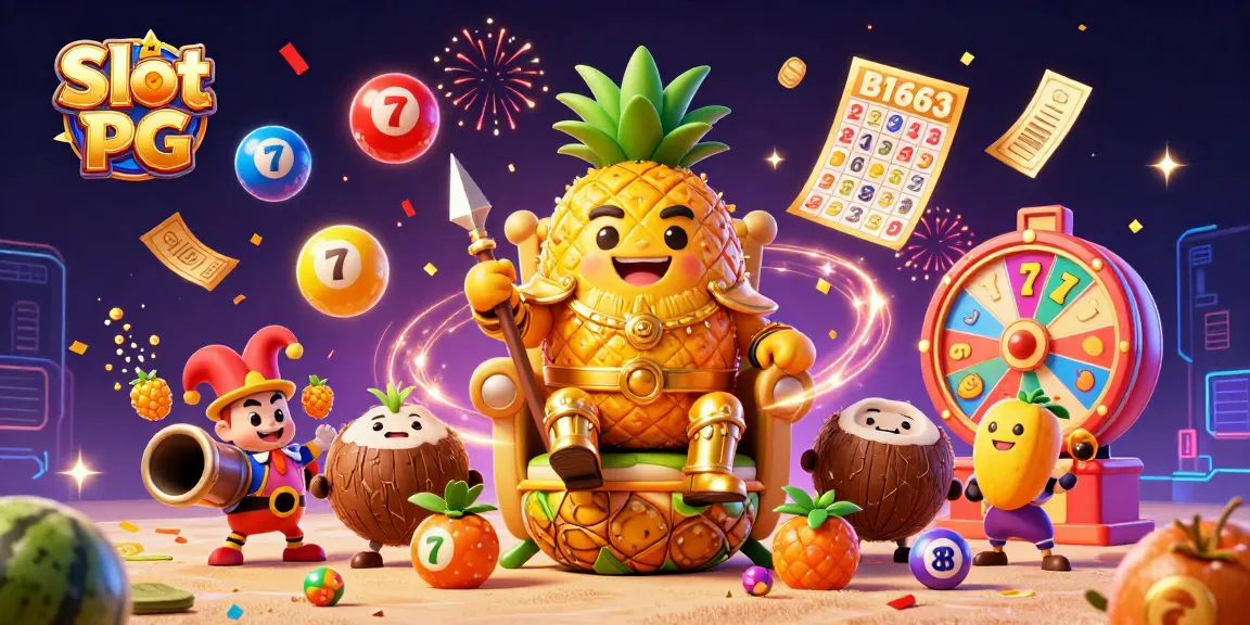 Engage with Slot PG gameplay featuring vibrant casino elements like a golden pineapple king and lottery balls.