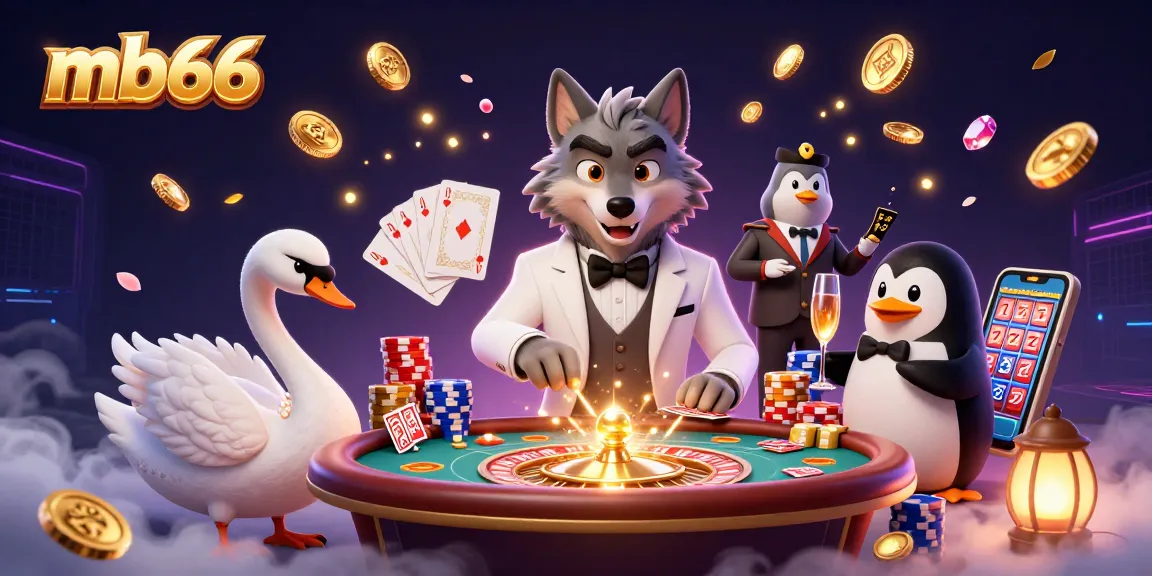 Participate in exciting games at mb66 with an animated wolf, swan, and penguin in a casino scene.