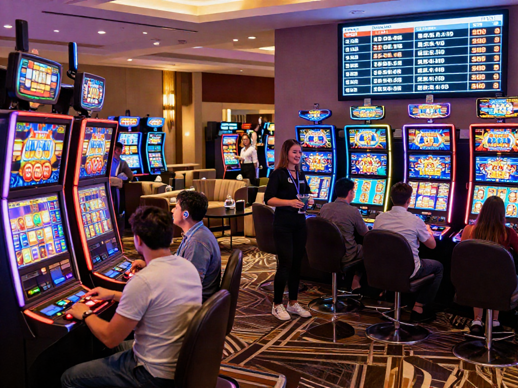 Slot mesin modern yang ramai di kasino, penuh kegembiraan dan permainan yang beragam.