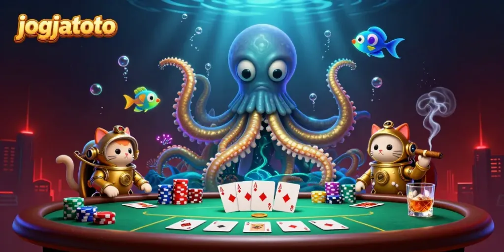 Experience the thrill of jogjatoto with vibrant 3D bitcoin poker amidst mythical creatures underwater.
