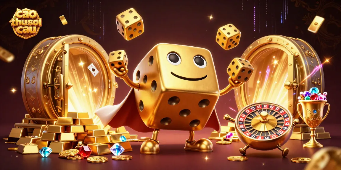 Cao thu soi cau captures a dynamic gambling scene with golden dice and treasures.