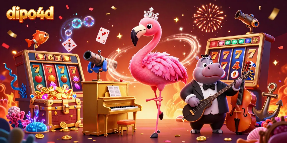 Engage with dipo4d as the casino lounge singer flamingo performs alongside a hippo bassist, surrounded by slot elements.