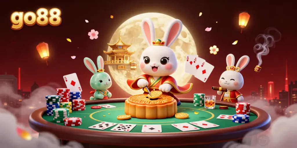 Experience the thrill of go88 with vibrant poker-themed moonlit illustration promoting online gaming.