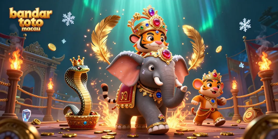 Ilustrasi 3D penuh warna 'bandar toto macau', harimau maharaja, gajah, dan kobra mengelilingi arena pertarungan.