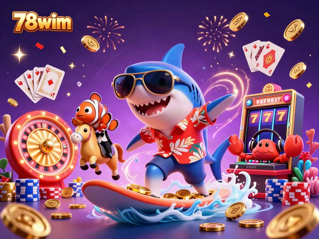 Engage in exciting casino action with 78wim's vibrant underwater theme featuring animated characters and casino icons.