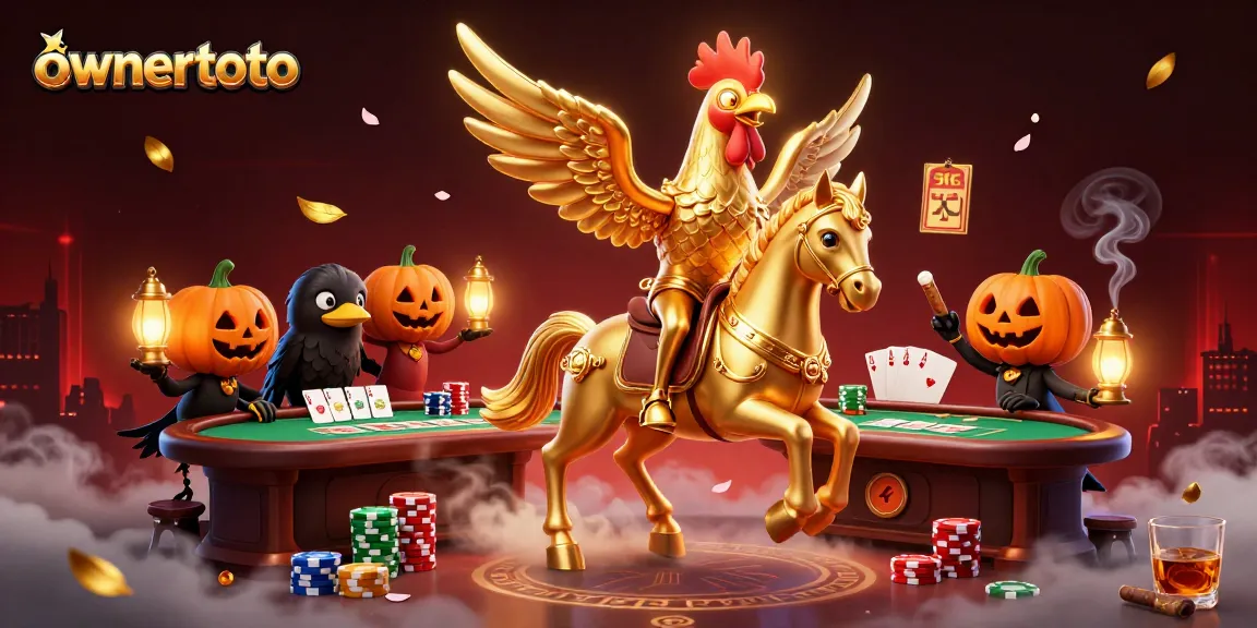 ownertoto menampilkan ilustrasi kasino yang memikat dengan karakter ayam jantan emas dan teman burung hitam.