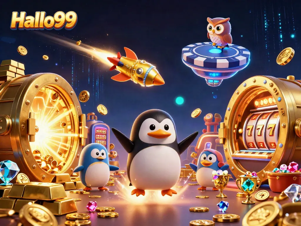 Experience thrilling wins at Halo99, featuring a 3D penguin and jackpot symbols in a vibrant casino scene.