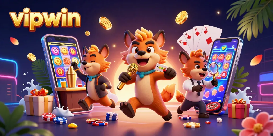 Experience the excitement of vipwin with dynamic characters in a vibrant casino scene.