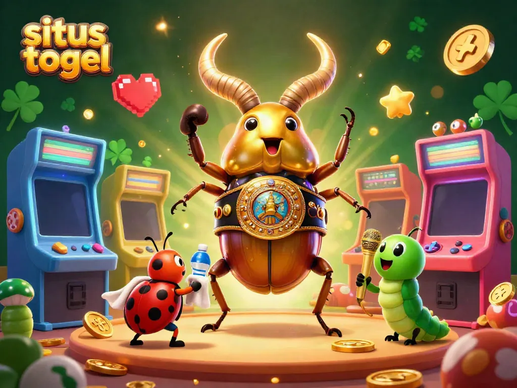 Watch the energetic scene of situs togel gaming featuring a golden stag beetle and ladybug, showcasing colorful lottery elements.